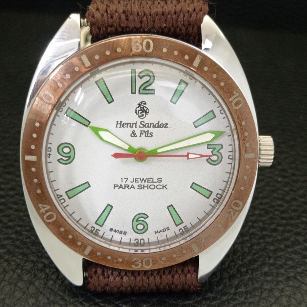 Vintage 1973  Henri Sandoz Manual Mens Silver Watch W/Nato Strap - Picture 4 of 9